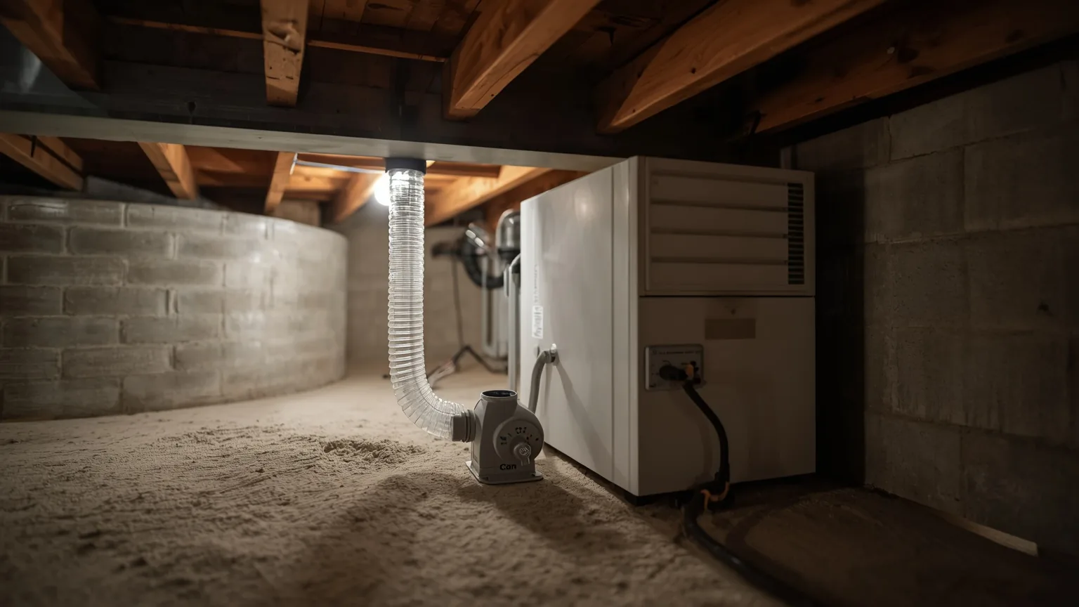 Crawl space dehumidifier installed against a foundation wall with ducting and condensate pump