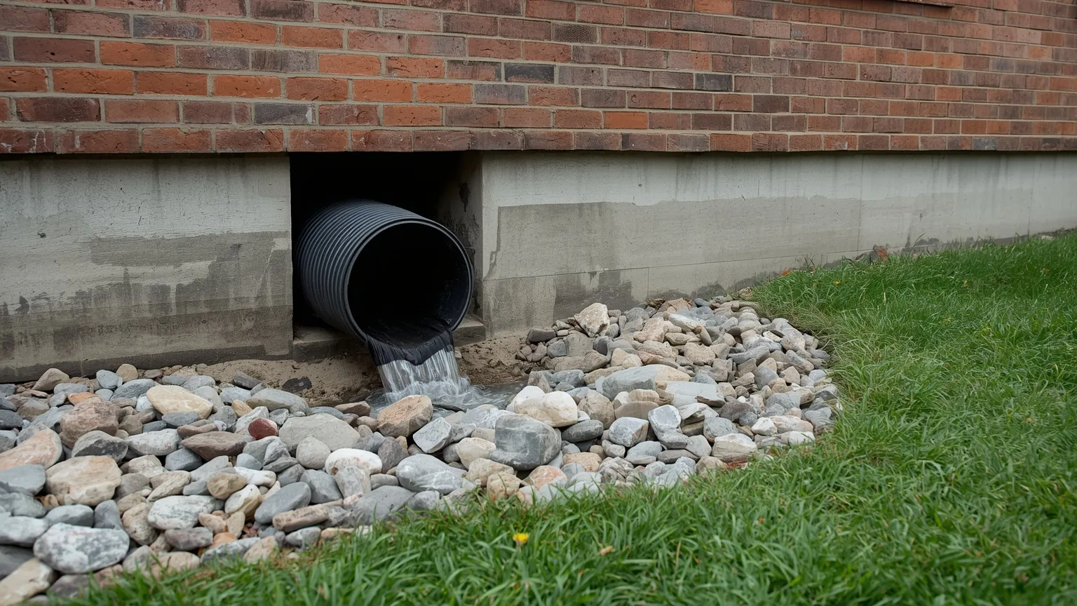 Corrugated discharge pipe emerging from a foundation wall onto a bed of washed stone