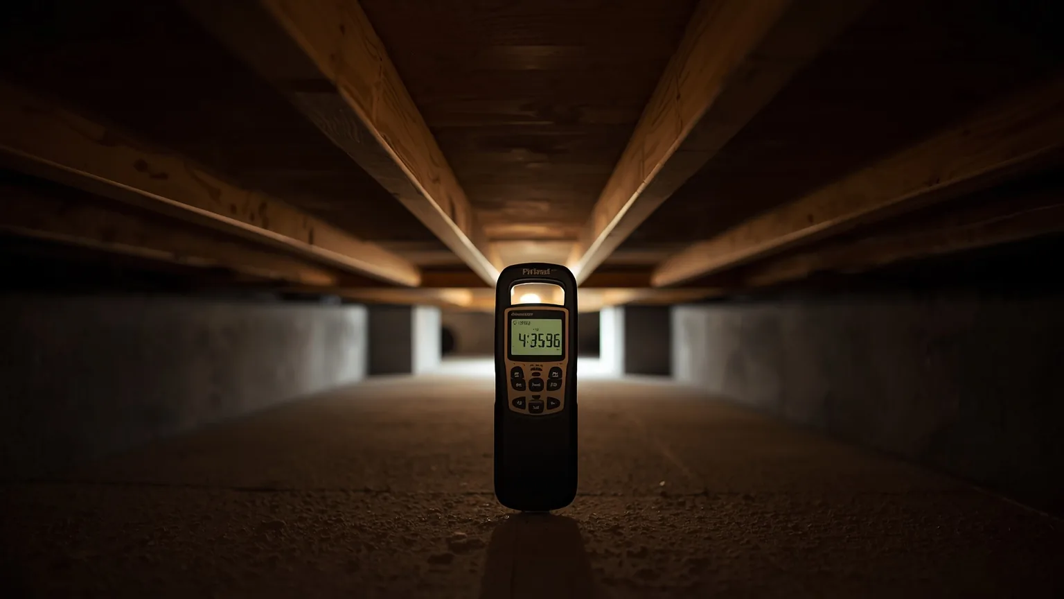 Moisture meter held against a crawl space floor joist with its reading display visible