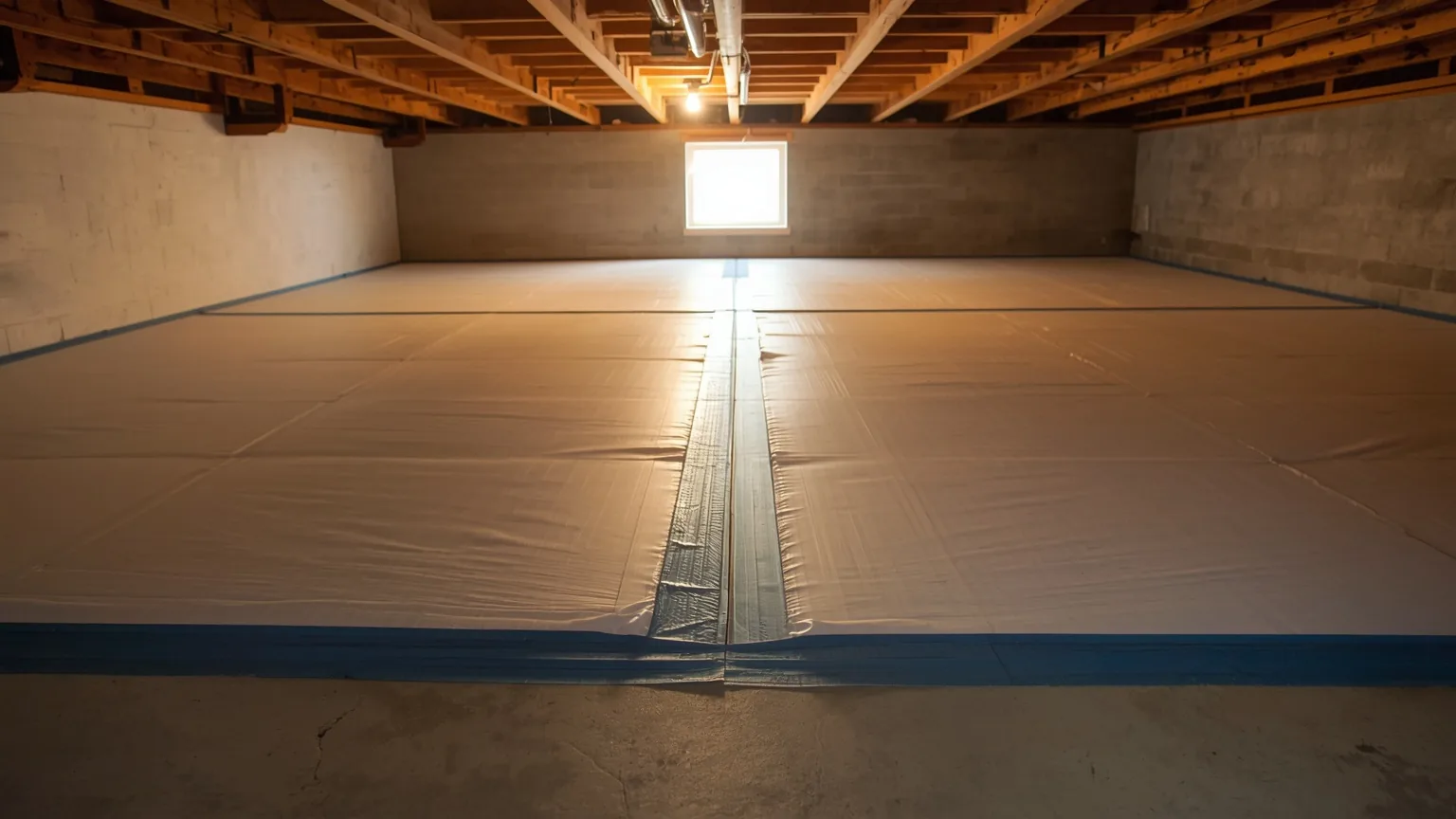 Two crawl space liner panels overlapped and joined with sealed seam tape across the floor