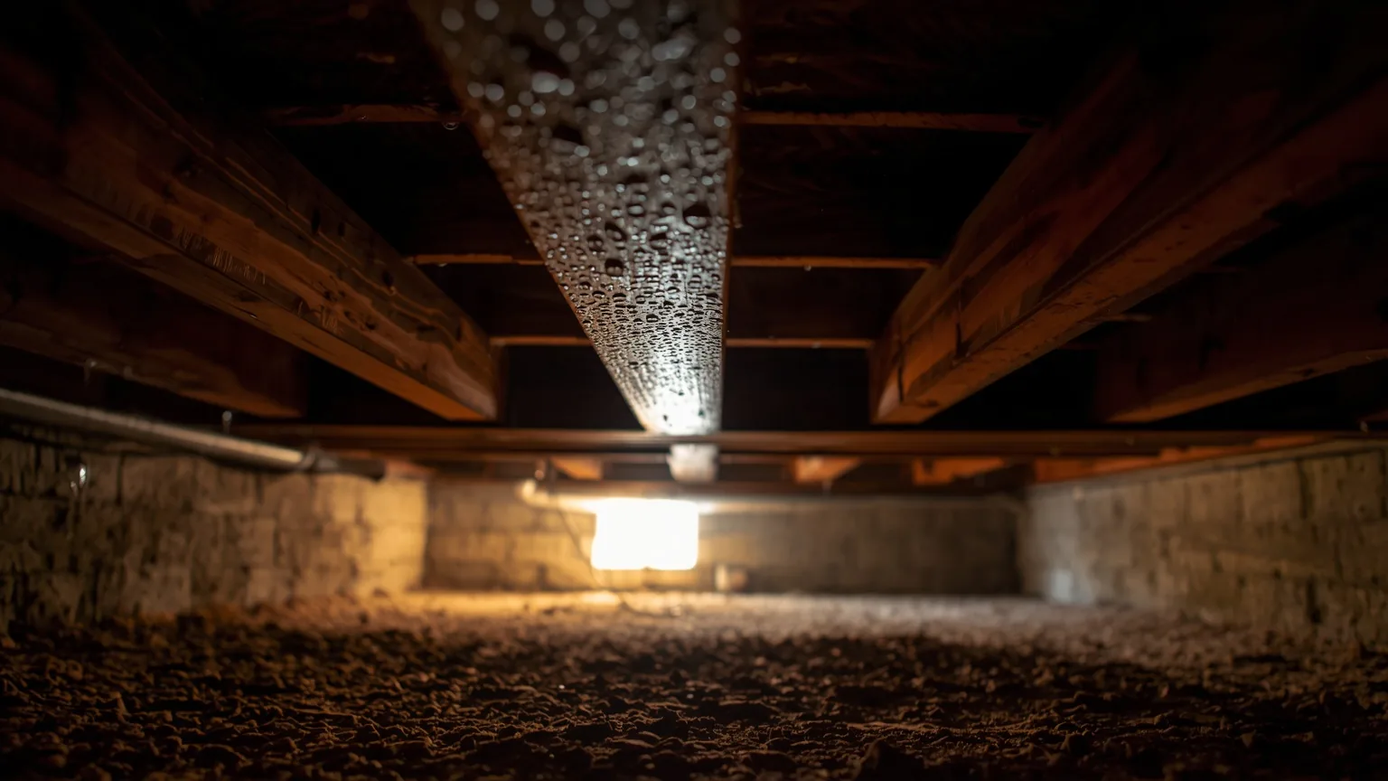 Condensation beaded across the underside of a crawl space subfloor and joists