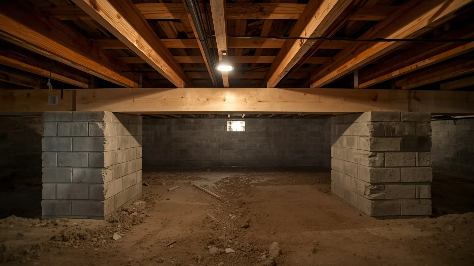 New girder beam spanning between masonry piers beneath crawl space floor joists