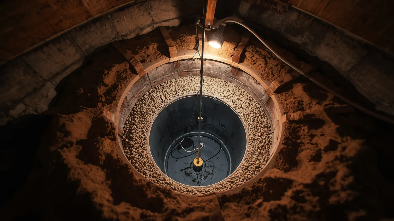 Sump basin viewed from above with the pump and float switch visible inside