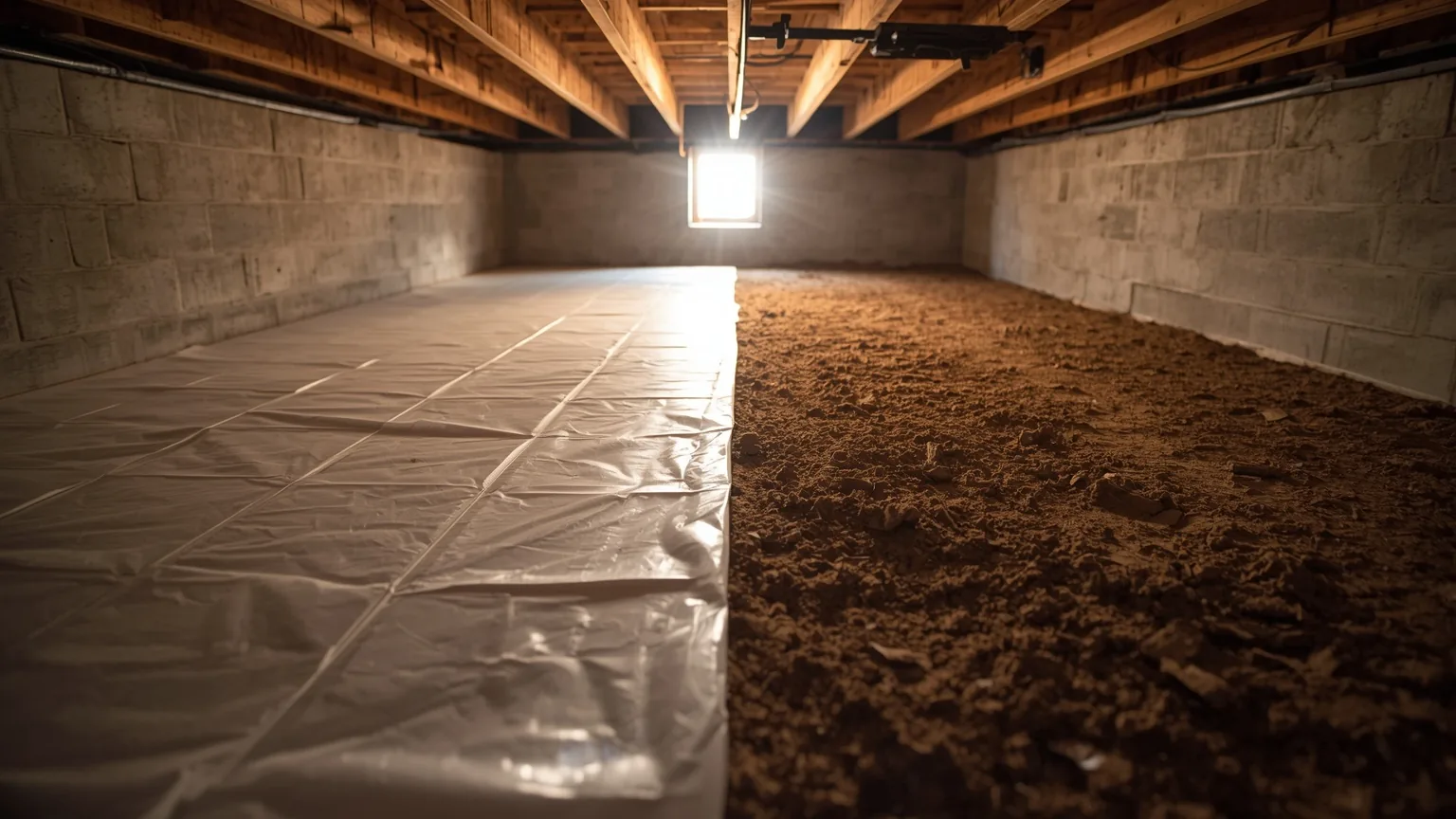 Boundary where new polyethylene sheeting meets bare earth on a crawl space floor