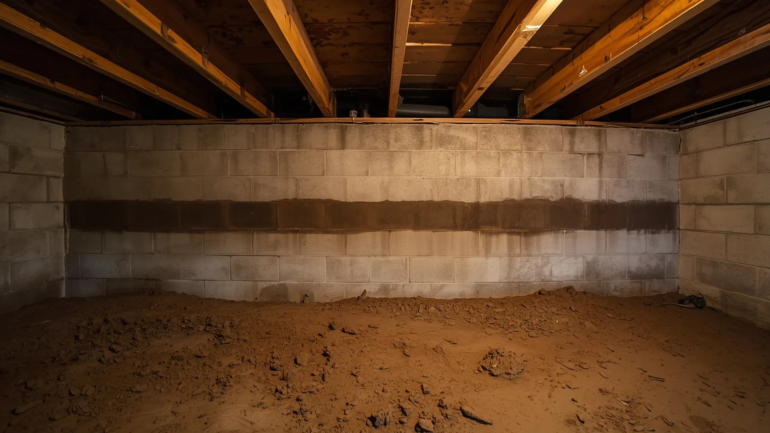 Dark staining line across a crawl space block wall marking a previous standing water level